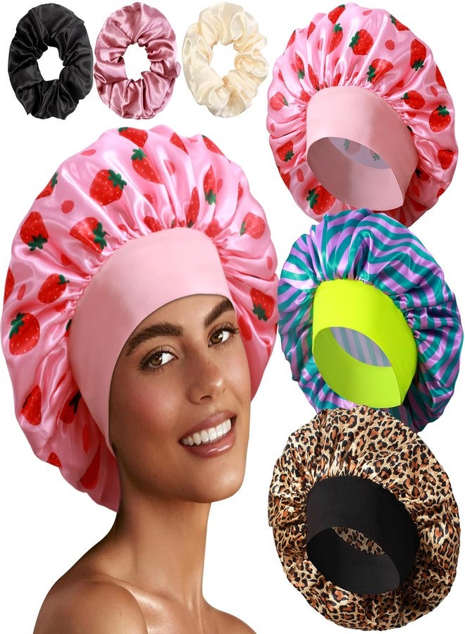 Heniho 3+3 Large Satin Bonnets with Scrunchies for Women, Wide Band Hair Bonnet for Sleeping Braids Curly Hair, F - Image 1